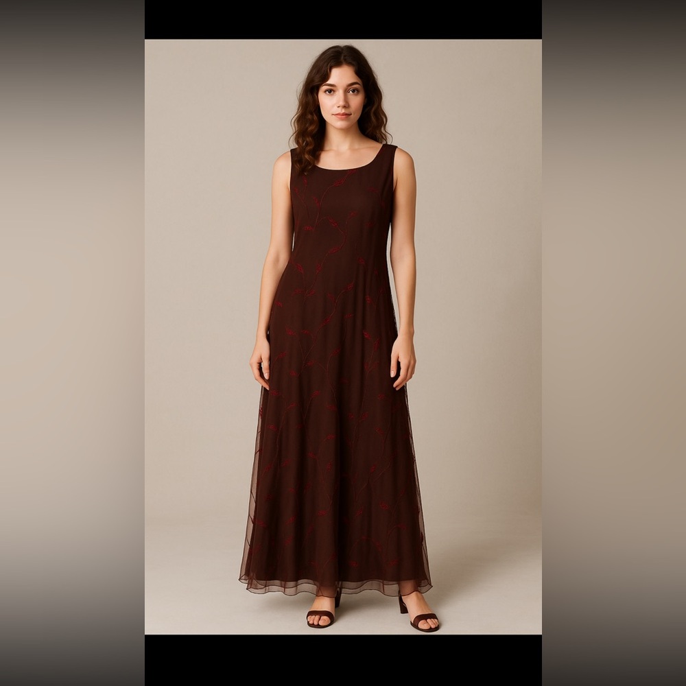 Vintage Carole Little Maxi Dress –‎ Brown Sheer Embroidered Overlay – Size 12